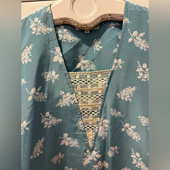 ANDREA GAYLE – Vintage -Teal Floral Top with Lace – Size 14 - Picture 6 of 9